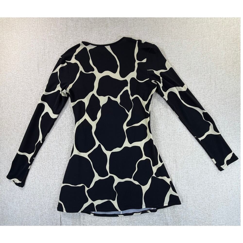 Eva Varro Women Small Black Cream Giraffe Print Faux Wrap Long Sleeve Top Artsy2 - Picture 2 of 8